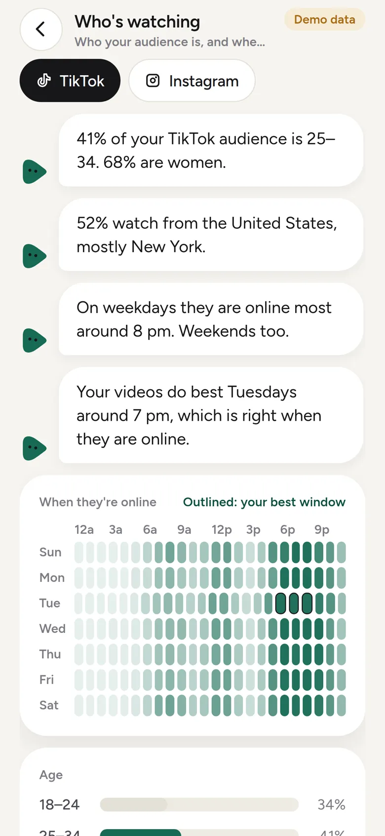 The Who's watching screen: audience age and country in sentences, and a grid of when they are online, with the best window outlined.