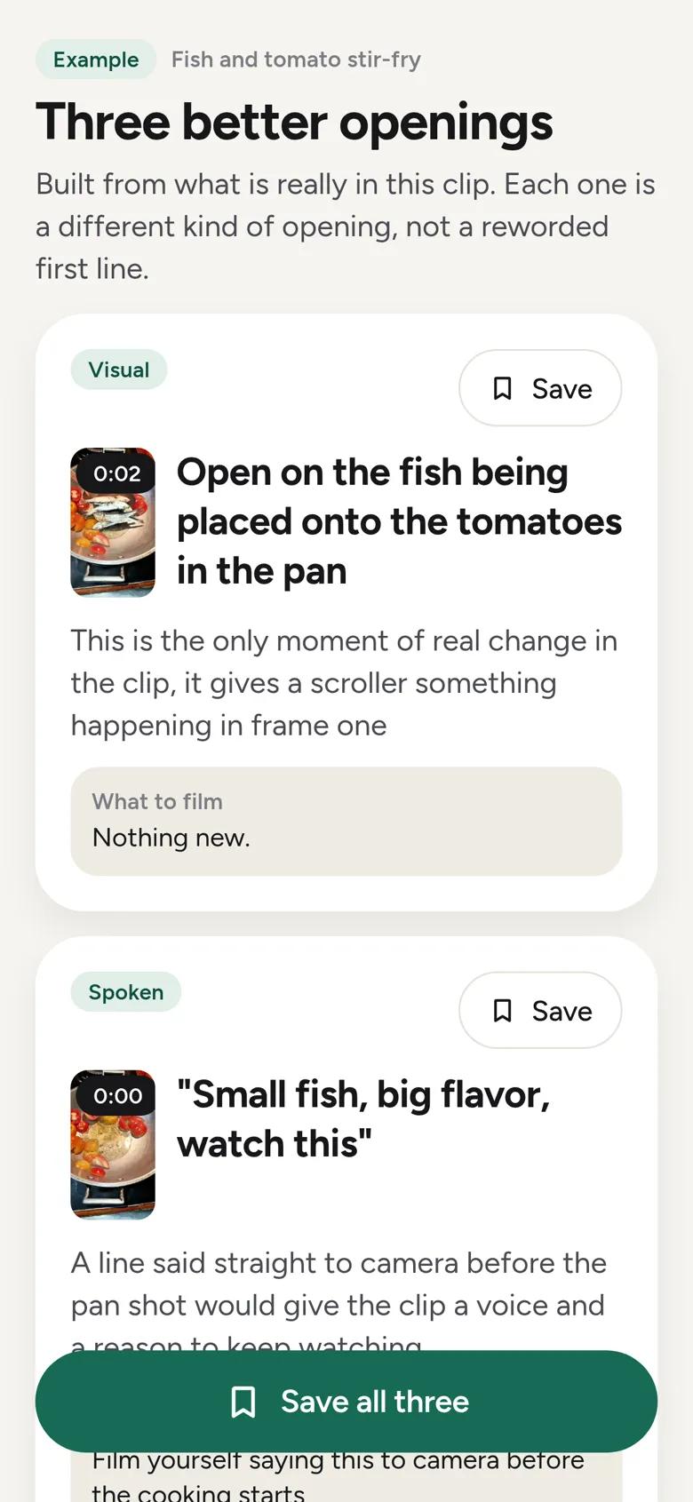 Three better openings for a cooking clip: a visual one, a spoken line to camera, and on-screen text, each with what to film.