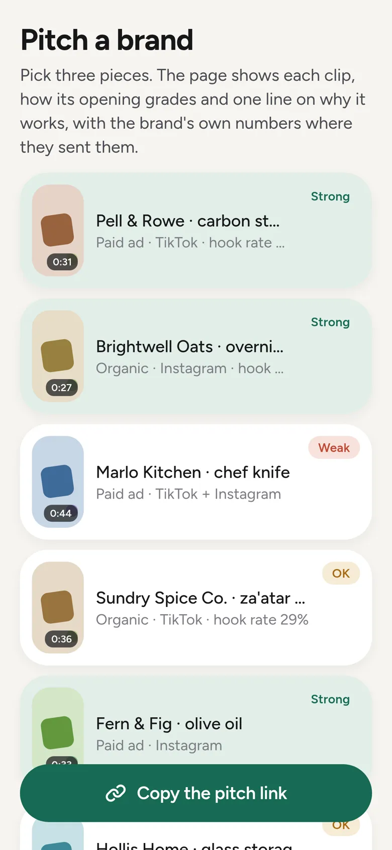 The pitch screen: three pieces, each with its grade and one line on why it works, on one page for a brand.
