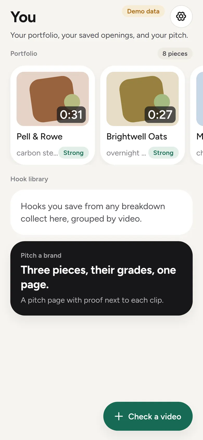 The You screen for a UGC creator: a portfolio strip, a hook library, and Pitch a brand.